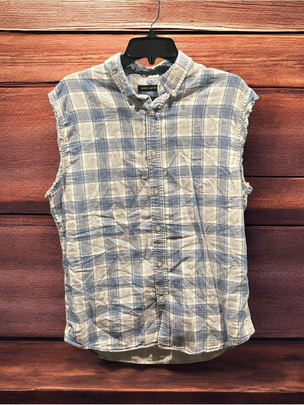 Banana Republic Men’s Plaid Cutoff Sleeveless Button Up Shirt Blue Large Grunge